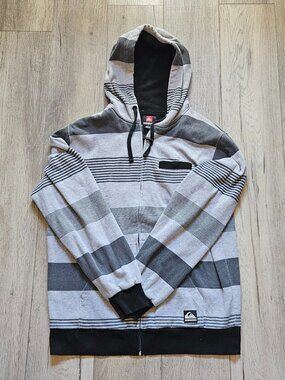 Quiksilver Mens Large Striped Zip Up Hoodie Grey Black Waffle Lined Thermal Knit